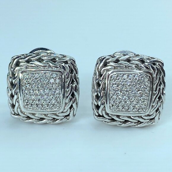 JOHN HARDY sterling silver/18K 0.34ct pave diamond square earrings 12.5g JR9847 - Picture 2 of 5